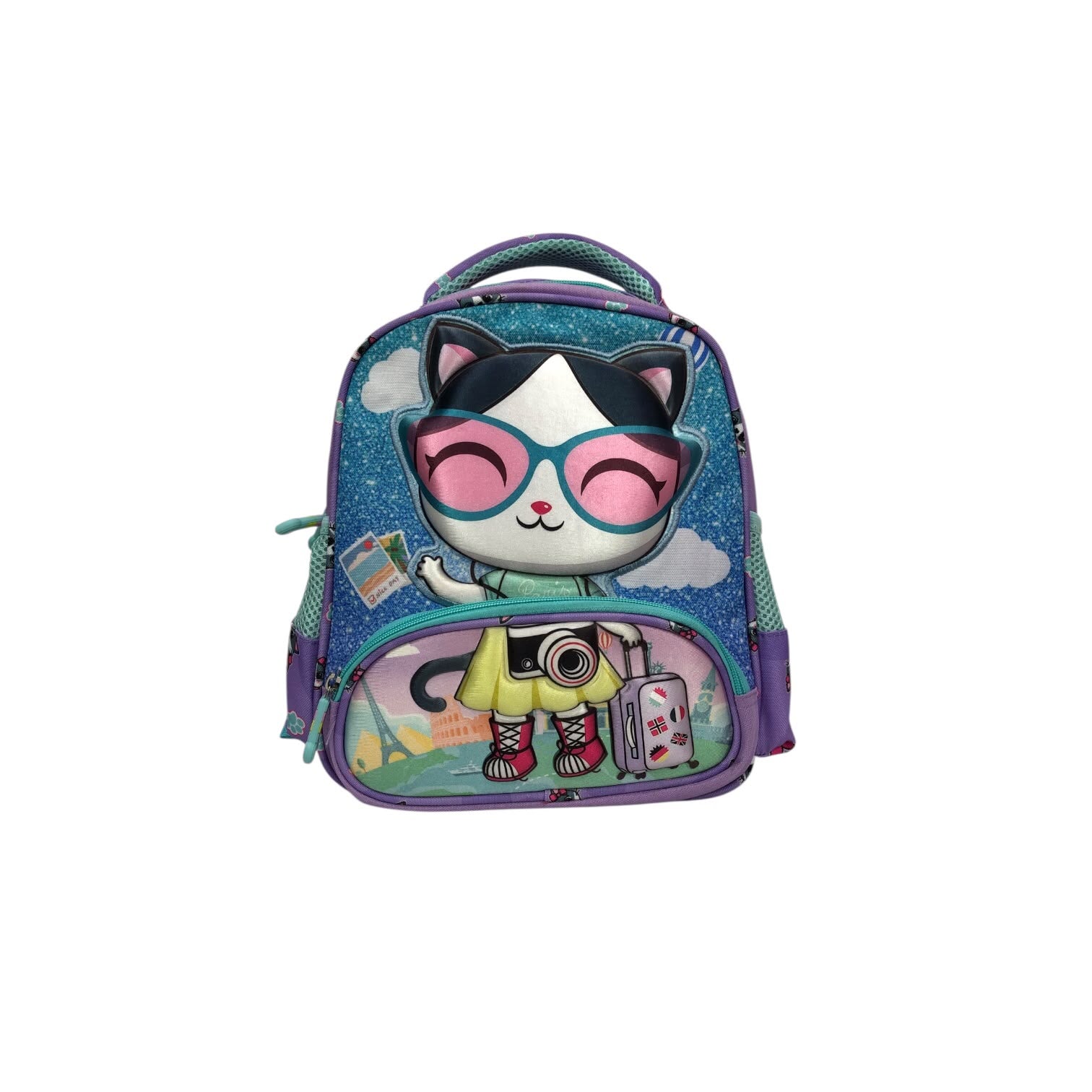 Kids backpack front graphic shows kitty with goggles and clouds, purple and teal design
